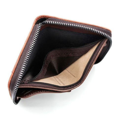 Two-tone Patchwork PU Zip-Around Short Wallet for Men, Embossed Letter Multi-Card Slot Purse with Dual Coin Pockets & ID Photo Slot (Dark Brown)