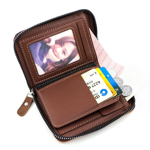 Two-tone Patchwork PU Zip-Around Short Wallet for Men, Embossed Letter Multi-Card Slot Purse with Dual Coin Pockets & ID Photo Slot (Dark Brown)