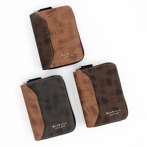 Two-tone Patchwork PU Zip-Around Short Wallet for Men, Embossed Letter Multi-Card Slot Purse with Dual Coin Pockets & ID Photo Slot (Dark Brown)