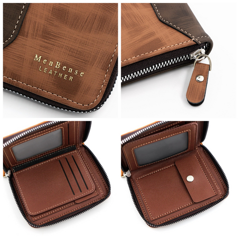 Two-tone Patchwork PU Zip-Around Short Wallet for Men, Embossed Letter Multi-Card Slot Purse with Dual Coin Pockets & ID Photo Slot (Brown)