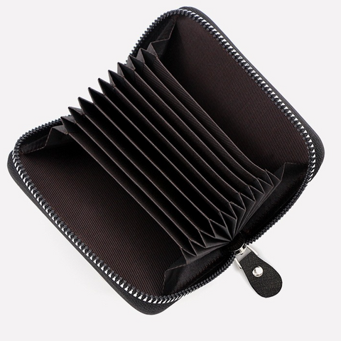 Matte PU Accordion Card Holder Wallet, Zip-Around Coin Purse with Extra Front Card Slot, Multi-Slot Credit Card Case for Men and Women (Black)