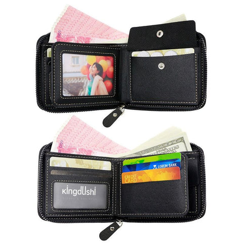 Men's Tri-fold Zip-Around Wallet, PU Leather Purse with Snap Coin Pocket & ID Photo Slot, Multi-Card Slots Business Casual Short Billfold (Black)