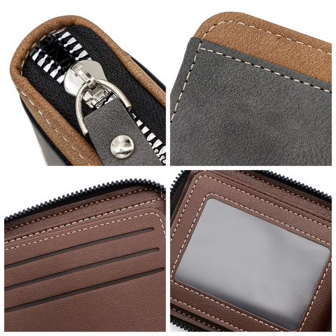 Men's Tri-fold Zip-Around Wallet, PU Leather Purse with Snap Coin Pocket & ID Photo Slot, Multi-Card Slots Business Casual Short Billfold (Brown)