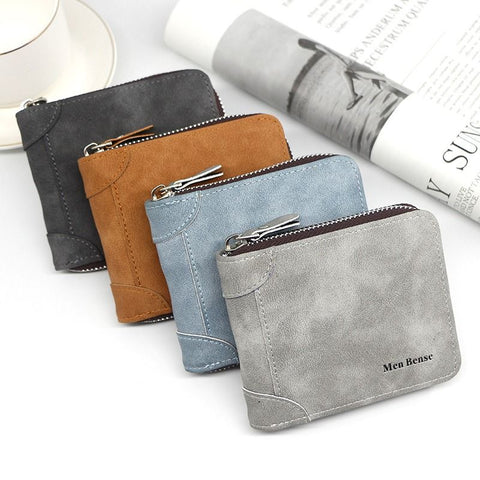 Vintage Matte PU Leather Zip-Around Bifold Wallet for Men, Multi-Card Slot Coin Purse with ID Window, Casual Short Billfold Purse (Dark Gray)