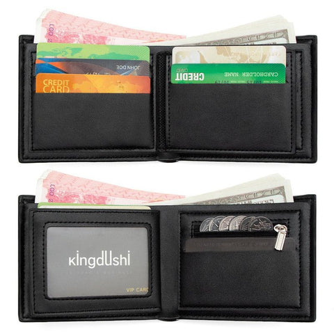 Men's Bifold Embossed PU Wallet, Multi-Card Slots, Dual-Zipper Coin Purse with ID Window, Business Casual Short Billfold (Dark Brown)