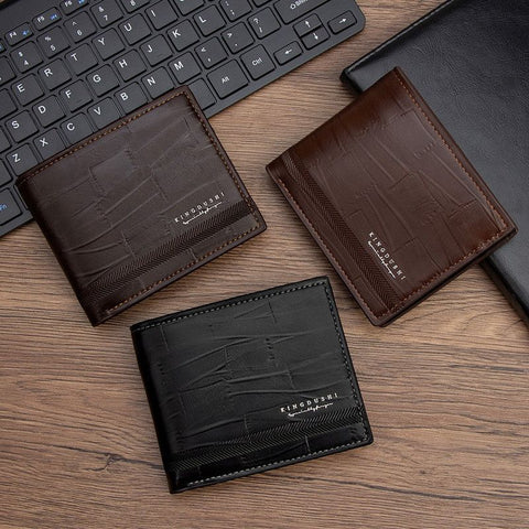 Men's Bifold Embossed PU Wallet, Multi-Card Slots, Dual-Zipper Coin Purse with ID Window, Business Casual Short Billfold (Dark Brown)