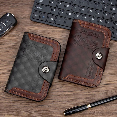 Vintage Patchwork Snap-Closure Vertical Wallet for Men, PU Leather Wallet with 13 Card Slots, Zippered Coin Pocket, and ID Window (Dark Brown)