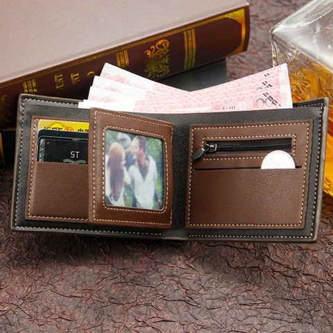 British-Style Two-Tone Bifold Wallet for Men, Matte Printed PU Leather Wallet with Zip Coin Pocket, Multiple Card Slots & ID Photo Window (Brown)