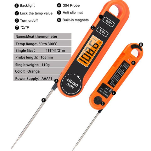Foldable Digital Meat Thermometer, IPX5 Waterproof Fast Read with Backlight ℃/℉ Switch for Kitchen, BBQ, Baking