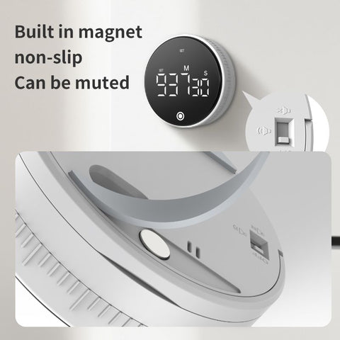 Rotating Digital Kitchen Timer, 999-Minute LED Display Timer with Magnetic Back & Stand, Type-C, for Studying and Exercising—White
