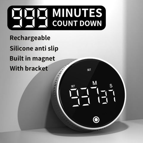 Rotating Digital Kitchen Timer, 999-Minute LED Display Timer with Magnetic Back & Stand, Type-C, for Studying and Exercising—Black