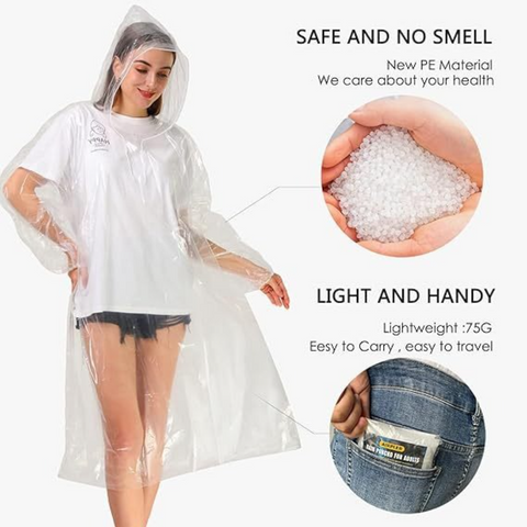 6-Pack - Disposable Thickened PE Rain Poncho, Waterproof Raincoat with Drawstring Hood & Elastic Cuffs, for Hiking, Concerts, and Outdoor Activities - Clear