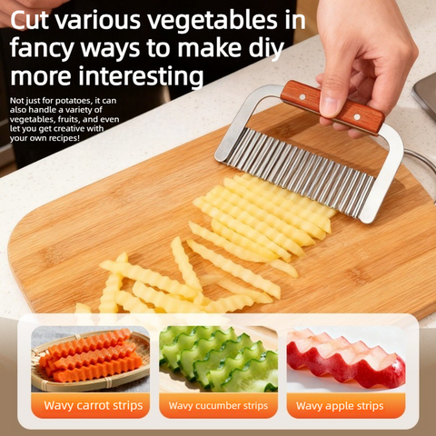 1 piece - Stainless Steel Wavy Potato Cutter with Wooden Handle, Crinkle-Cut French Fry Slicer, Multi-Purpose Vegetable Chopper