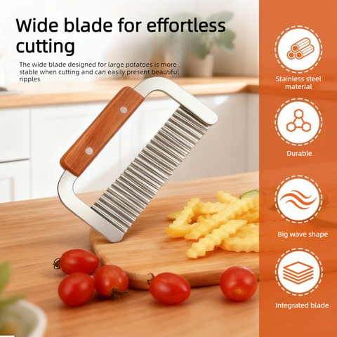 2 pieces - Stainless Steel Wavy Potato Cutter with Wooden Handle, Crinkle-Cut French Fry Slicer, Multi-Purpose Vegetable Chopper