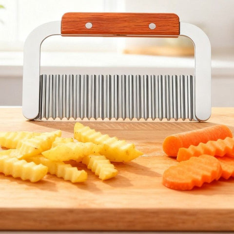 2 pieces - Stainless Steel Wavy Potato Cutter with Wooden Handle, Crinkle-Cut French Fry Slicer, Multi-Purpose Vegetable Chopper