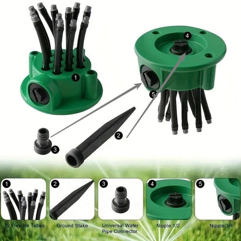 360 Degree Adjustable 12-Tube Ground Stake Sprinkler, Automatic Garden Lawn Irrigation Water Sprayer Head