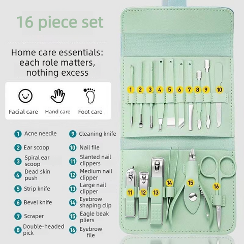 16-Piece Stainless Steel Manicure and Pedicure Set, Home Nail Clippers and Cuticle Tools Kit for Hand, Foot, and Facial Care - Blue