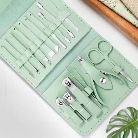 16-Piece Stainless Steel Manicure and Pedicure Set, Home Nail Clippers and Cuticle Tools Kit for Hand, Foot, and Facial Care - Blue