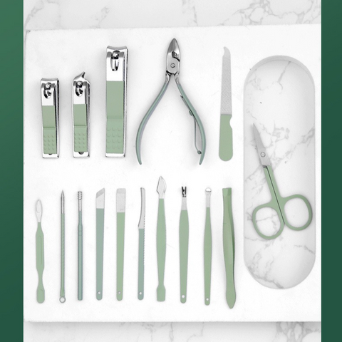 16-Piece Stainless Steel Manicure and Pedicure Set, Home Nail Clippers and Cuticle Tools Kit for Hand, Foot, and Facial Care—Green