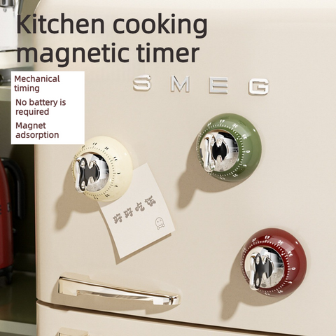 Vintage Magnetic Mechanical Kitchen Timer, 60-Minute Countdown Timer for the Fridge, Battery-Free Cooking Alarm—White