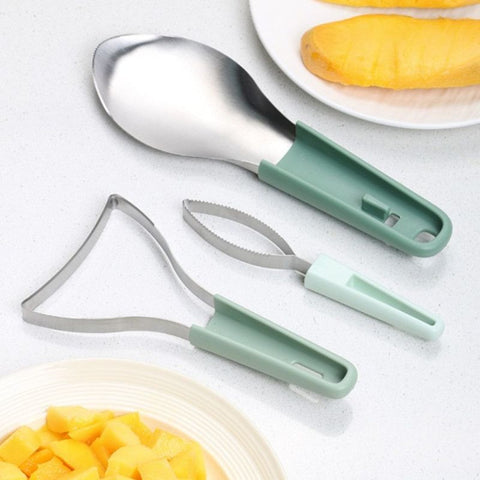 Stainless Steel Mango Cutter 3-Piece Set, Multi-Function Mango Core Remover & Dicer Kitchen Tool—Orange