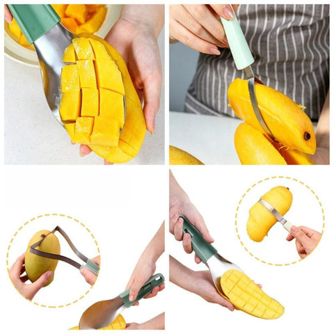 Stainless Steel Mango Cutter 3-Piece Set, Multi-Function Mango Core Remover & Dicer Kitchen Tool—Orange