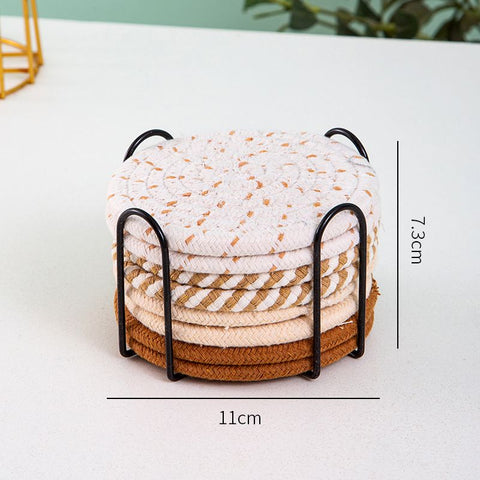 INS Style Round Cotton Woven Heat-Resistant Coasters, 8-Piece Set of Thick Table Pot Mats with Free Iron Storage Rack—White-Brown