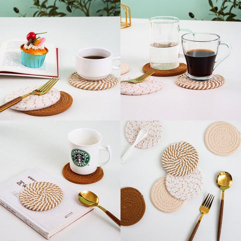 INS Style Round Cotton Woven Heat-Resistant Coasters, 8-Piece Set of Thick Table Pot Mats with Free Iron Storage Rack—White-Brown