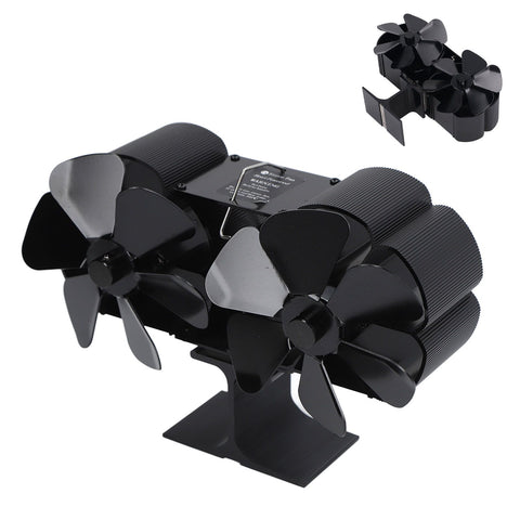 6 Blades Heat Powered Stove Fan Dual Head Fireplace Fan Home Non Electric Fan Black