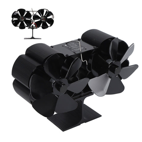 6 Blades Heat Powered Stove Fan Dual Head Fireplace Fan Home Non Electric Fan Black