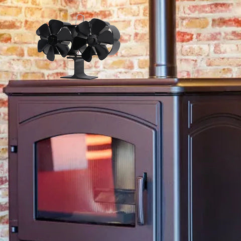 6 Blades Heat Powered Stove Fan Dual Head Fireplace Fan Home Non Electric Fan Black