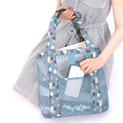 Beach Tote Waterproof Large Capacity Casual Oxford Cloth Women Mesh Handbag for Shopping Swimming Blue Flower