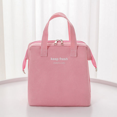 Insulated Lunch Bag Solid Color Oxford Cloth Waterproof Metal Zipper Portable Lunchbox for Commuting Pink