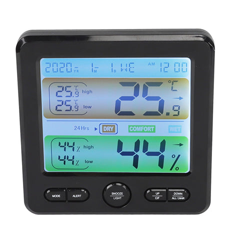 Indoor Thermometer Digital Color Screen Alarm Temperature Humidity Monitor Bedside Clock for Home Black