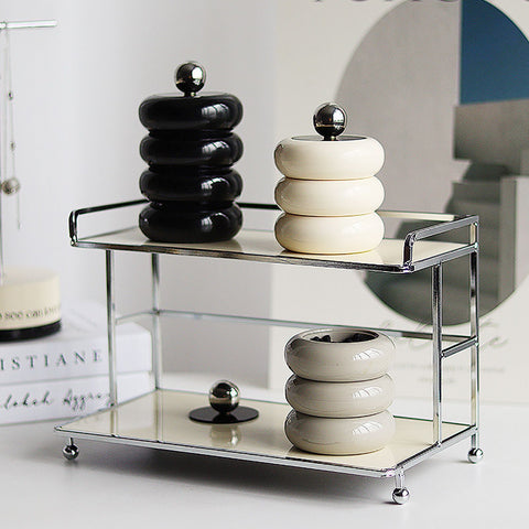 Nordic Style Qtip Holder Dispenser Desktop Dustproof Cotton Swab Storage Container Doughnut Shape Makeup Storage Box with Lid Black 4 Layers