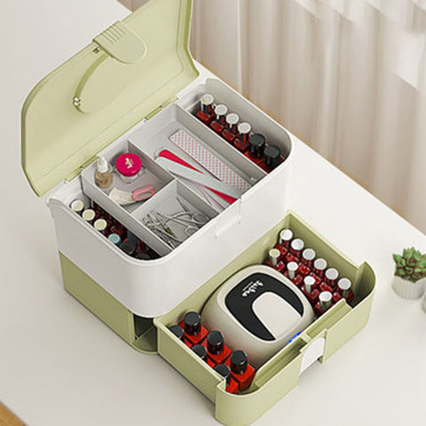 Cosmetic Storage Box 2 Layers Drawer Large Capacity Portable Makeup Storage Box with Handle for Nail Polish Nail Art Green