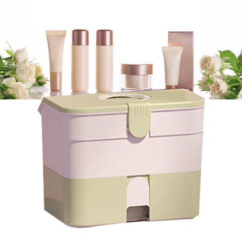 Cosmetic Storage Box 2 Layers Drawer Large Capacity Portable Makeup Storage Box with Handle for Nail Polish Nail Art Green