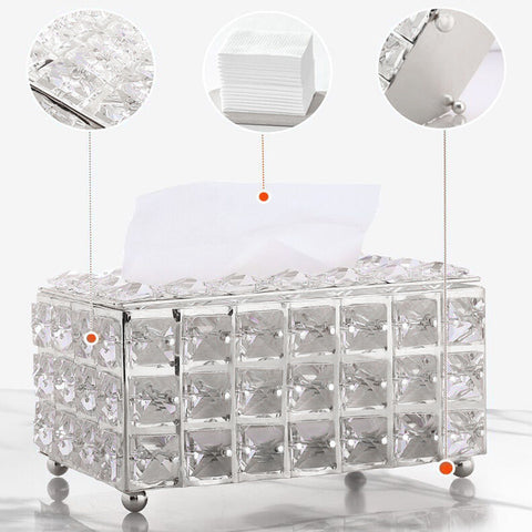 Facial Tissue Holder Light Luxury Crystal Metal Silver Tissue Dispenser Box for Living Room