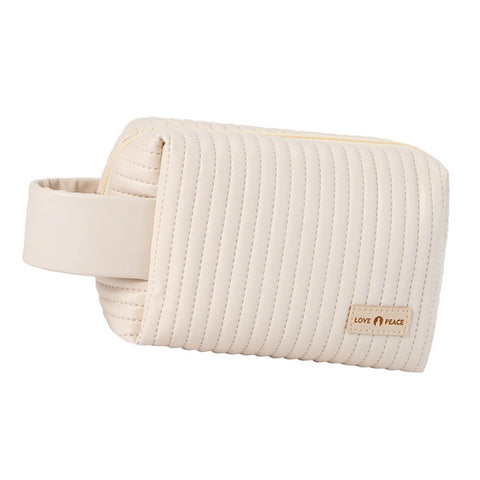 Makeup Cosmetic Bags with Handle Zipper Large Capacity Soft PU Leather Portable Travel Toiletry Bag Beige