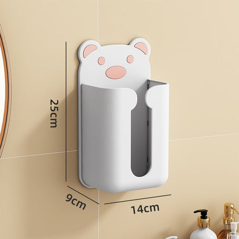 Wall Mounted Tissue Box Punching Free Cute Bear Pattern Plastic Tissue Dispenser for Home Bathroom White Bear Pink