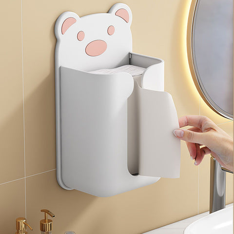 Wall Mounted Tissue Box Punching Free Cute Bear Pattern Plastic Tissue Dispenser for Home Bathroom White Bear Pink