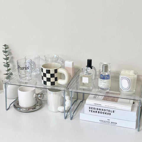Stackable Clear Organizer Plastic Transparent Tabletop Storage Rack for Makeup Kitchen Tool Stationery One Tier Free Size