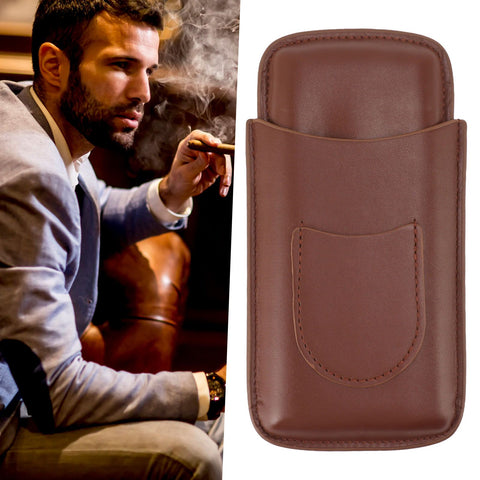 Cigarette Case Leather 3pcs Capacity Portable Cigar Storage Box with Pocket for Outdoor Brown