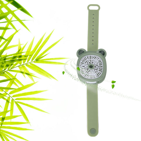 Cartoon Watch Fan USB Charging Plastic Wrist Fan Wireless Mini Watch Fan with Detachable Strap Fan for Kids for OutdoorGreen Bear