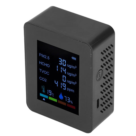 Multifunctional 6 in 1 CO2 Meter Air Quality Monitor Temperature PM2.5 TVOC HCHO Detector USB Charging Black