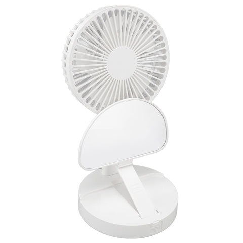 USB Desktop Fan Foldable Rechargeable Battery Makeup Mirror Function Bottom Silicone 3 Speeds White Mini Fan