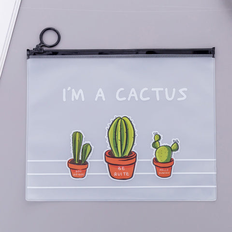 Cute File Pocket PVC Zipper Bag Transparent Pencil Case Large Capacity Stationery Storage Bag3 Cactus