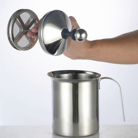 400cc Manual Milk Creamer Frother Double Layer Filter Stainless Steel Heatable Easy Clean with Handle