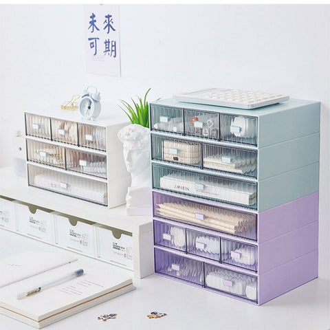 Desktop Drawer Organizer Waterproof Dustproof Plastic DIY Combination Multi Layer Stackable Drawer Storage Case Striped Blue 2 Drawers