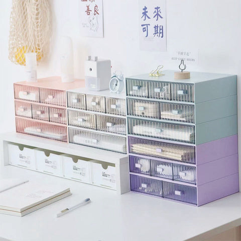 Desktop Drawer Organizer Waterproof Dustproof Plastic DIY Combination Multi Layer Stackable Drawer Storage Case Striped Blue 2 Drawers